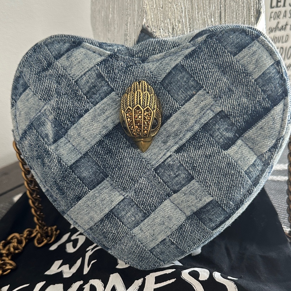 Kurt Geiger Heart-Shaped Woven Denim Crossbody Bag with Gold Chain - Picture 2 of 5